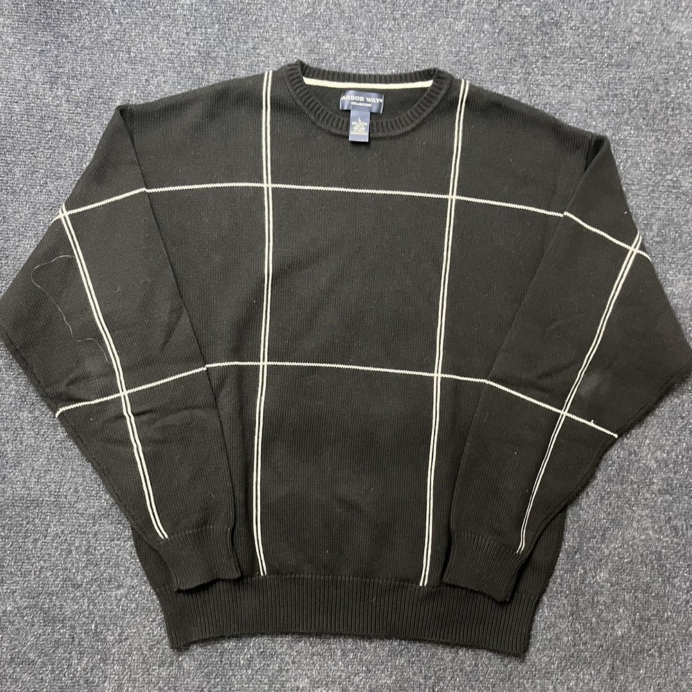 Vintage Arbor Way Sweater Mens Large Black Check Crewneck Cotton Knit Hong Kong